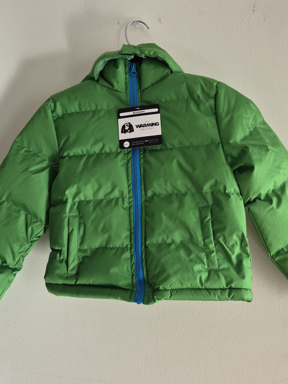 Kids' Hooded Green Puffer Jacket with Blue Zipper